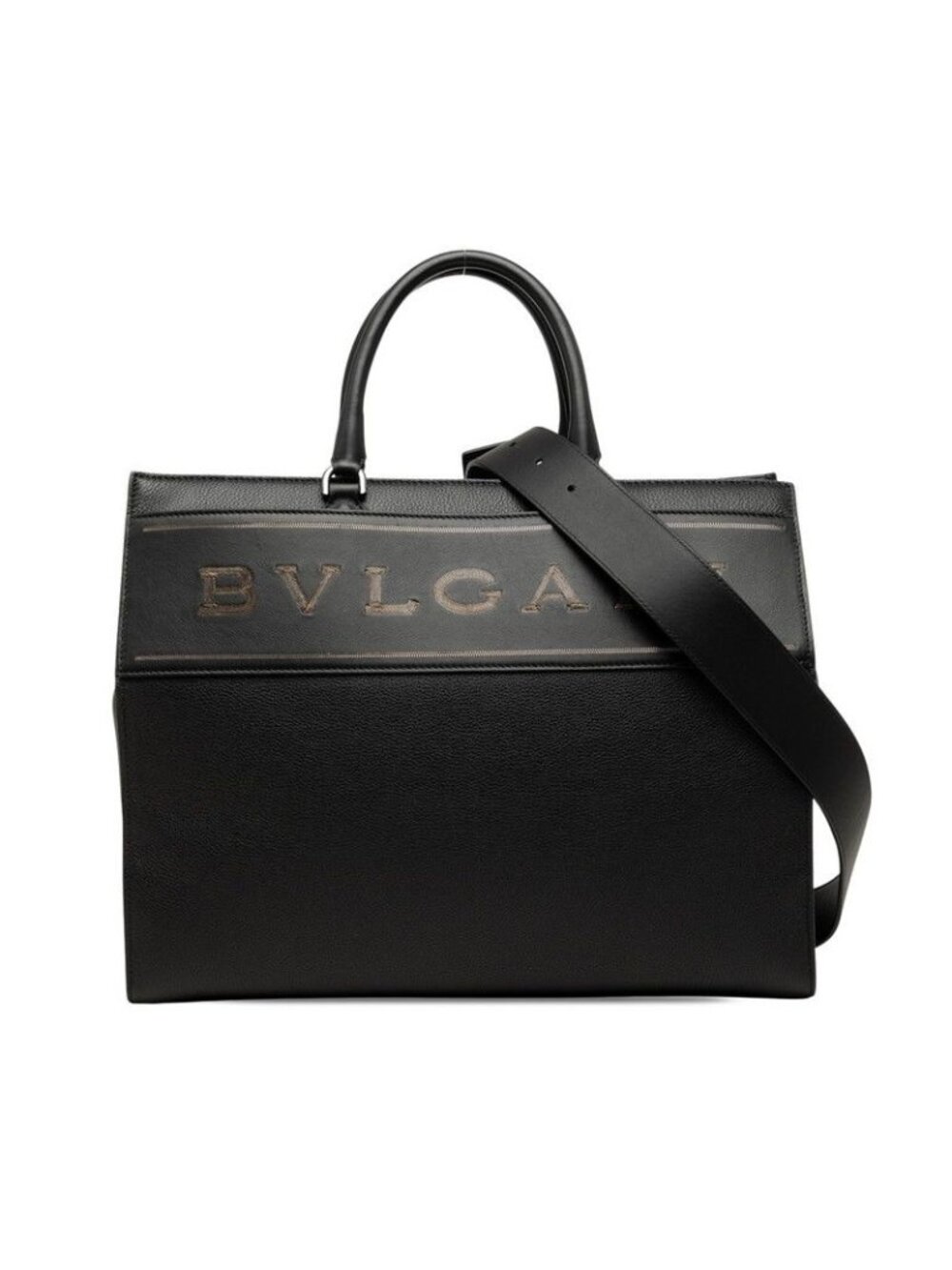 Bvlgari Logo Tote Bag Shoulder 2-Way Black Grain Calf Leather